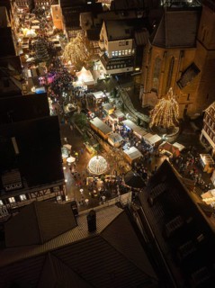 Popular Christmas market with festive lights and church tower in the background, Christmas market