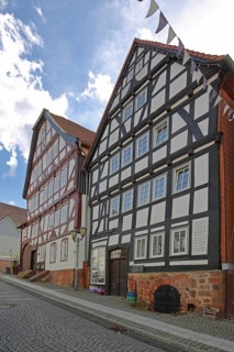 Two half-timbered houses, Steingasse, Treysa, Schwalmstadt, Hesse, Germany