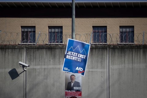 Election posters for the AfD (Alternative for Germany) and Frankfurt Sozial! hang outside a prison