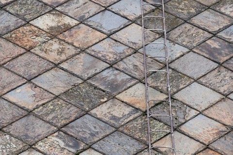 Roof with diamond-shaped slate tiles and an iron ladder, Gudbrandsdalen, Norway