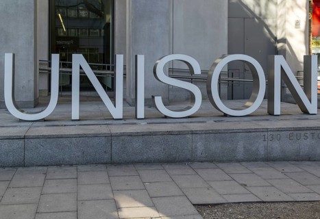 Large sign for trade union UNISON headquarters offices for Greater London, 139 Euston Road, London,
