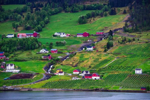 Mountains and Fjord over Norwegian Village, Olden, Innvikfjorden, Norway