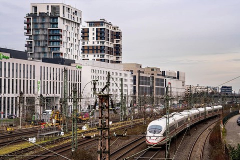 Railway line in Düsseldorf, along Toulouser Allee, residential area, office building, on former