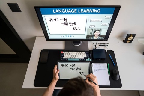 A man is engaged in learning Mandarin through an online course at home, using a computer and tablet