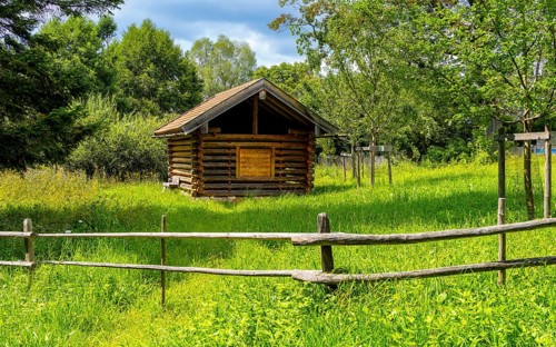 Wooden fence on a garden plot, Bavaria, Germany