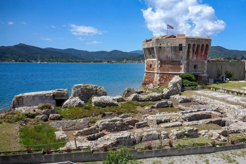 View of part of open-air museum of Portoferraio with ruins of Roman Villa Romana della Linguella in