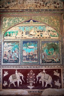 Wall paintings in the Garh Palace or Rajput Palace, Bundi, Rajasthan, India