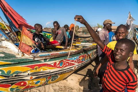 Fishermen with their catch on Sanyang beach, Gambia, West Africa