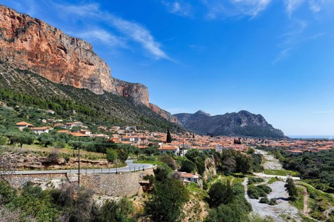 View of small town Leonidi, Leonidio, steep coast, Parnon Mountains, dry riverbed of Dafnon,