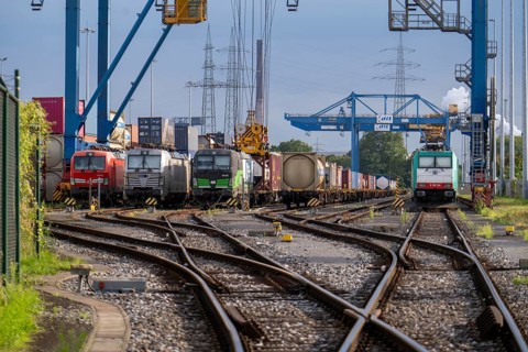 Locomotives of container trains, in Duisburg harbour, Logport, goods trains being loaded, part of