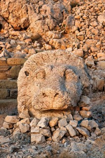 Lion statue near the Commagene King Antiochus I tomb on the top of Mount Nemrut, Adiyaman province,