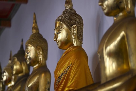 Gilded Buddha statues in Wat Pho, Temple of the Reclining Buddha, Bangkok, Thailand
