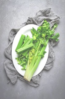 Fresh bunch of celery, top view, no people