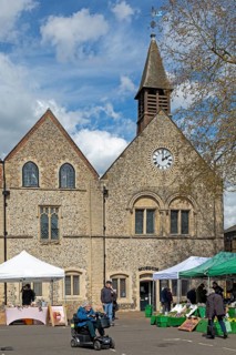 Market stalls, Market Place, Moyses Hall, Bury St Edmunds, West Suffolk, England, Great Britain