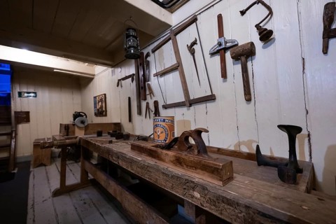 Workshop with workbench and plane, historic polar research ship Fram, wooden ship, by Fridtjof