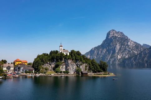Drone shot, panorama shot, Johannesberg Chapel, Traunkirchen with Traunstein, Lake Lake Traun,
