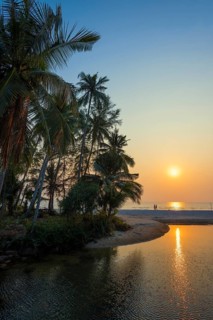 Sandy beach beach with coconut palms, Ao Phrao Beach, sunset, Koh Kood, Koh Kut, Gulf of Thailand,