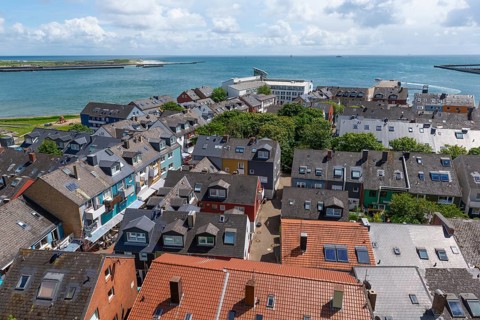 View of the Unterland and the dune from the Oberland Promenade, architecture, roof gables, roofs,