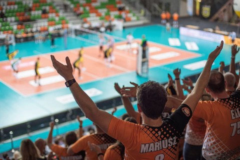 LUBIN, POLAND - OCTOBER 04, 2021: Men's Volleyball Polish PlusLiga match Cuprum Lubin VS Skra