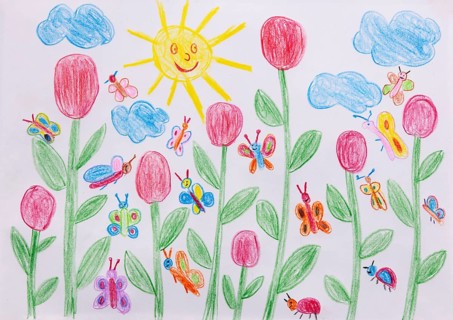 Naive illustration, children's drawing, flower meadow with butterflies, sun and clouds