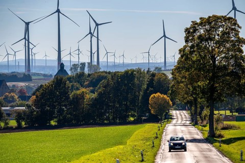 Country road, wind farm above the village of Lichtenau, self-proclaimed energy town, Paderborn