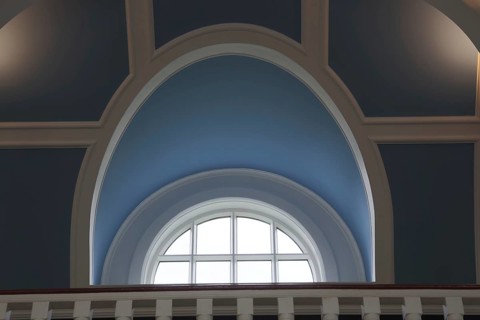 Window, inside the blue Church in Seydisfjördur, East Iceland