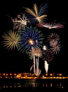 Fourth of July fireworks over the Mississippi Sound at the harbor in Gulfport, Mississippi, USA