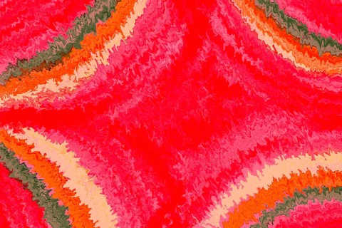A vibrant abstract pattern featuring dynamic waves in shades of red, orange, pink, and green. The