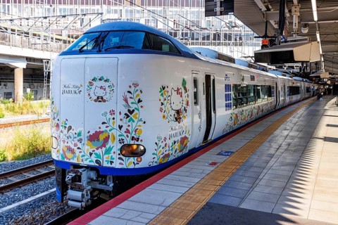 Hello Kitty Haruka train of Japan Rail JR as Kansai Airport Express in Osaka, Japan