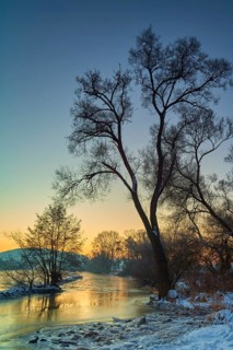 A frozen river in a wintry landscape at sunrise, Wörth am Main, Untermain, Main, Spessart,