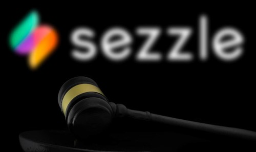 Court gavel in front of the Sezzle logo.