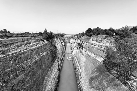 Construction work, Corinth Canal, restoration after landslide, view of construction cranes, closed