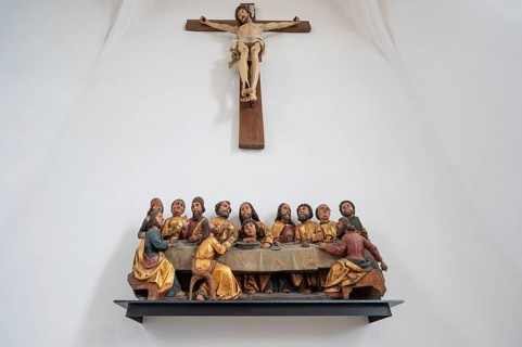 Jesus cross and depiction of the Holy Communion in a side chapel in the church of St Walburga,
