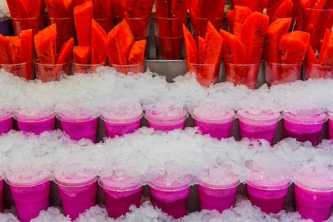 Fruit juice drinks Zumos Naturales at the Mercato Boquiera in Barcelona, Spain
