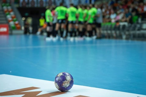 The ball on the court during a break of the handball match in Lubin, Poland