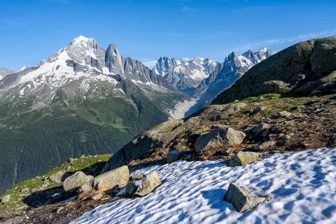 Mountain panorama, mountain peaks Aiguille Verte and Grandes Jorasses, Mont Blanc massif, Aiguilles