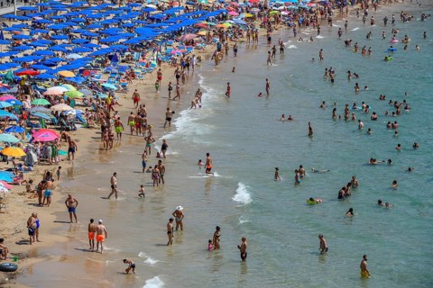 Many tourists at Playa Levante, Benidorm, Alicante province, Costa Blanca, Spain