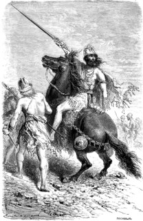 Celtic warrior with helmet and sword on horseback, rider and leader in a battle, weapons, dagger,