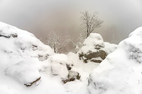 Snow-covered winter landscape Bruchhauser Steine in the Sauerland, Bruchhausen, Olsberg,