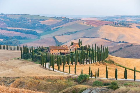 Typical Tuscan landscape in Crete Senesi with hills, trees, fields, cypresses and farm road in