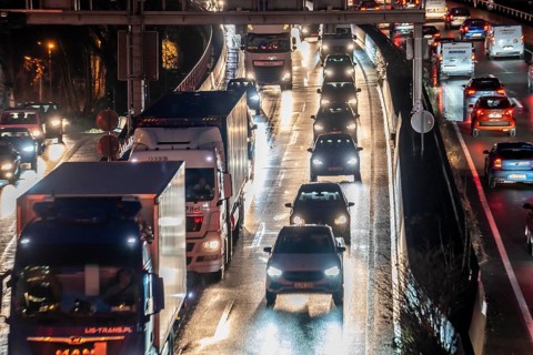 Evening traffic jam on the A40 motorway, Essen-Huttrop junction, traffic jam in both directions,