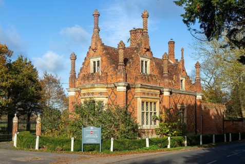 Tudor architectural style Lodge Cottage c 1841 by Anthony Salvin, gatehouse to Helmingham Hall,