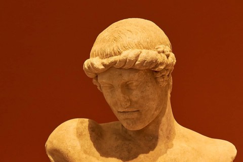 Ancient male head of a sculpture with detailed hairstyle against a warm background, possibly