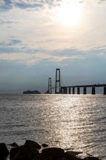 Large Color Line ferry crossing the Storebelt Bridge seen from Halsskov Odde viewpoint, East