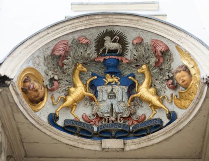 Guild of Ancient Merchant Taylors, Taylors Hall doorway canopy Coat of Arms, Bristol, England, UK