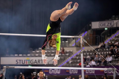 EnBW DTB-Pokal Stuttgart 2025, Mixed Cup***Karina Schönmaier warming up on the uneven bars