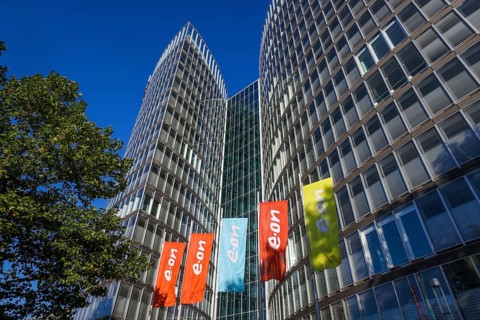 Essen, North Rhine-Westphalia, Germany, E.ON headquarters. e.on company logos on flags in front of