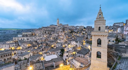 Panoramic View of Sassi di Matera at nightfall, Sasso Barisano, Basilicata, Italy