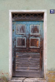 Front door of an old, empty farmhouse, Karsberg, Upper Franconia, Bavaria, Germany
