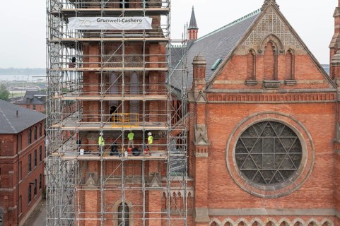 Detroit, Michigan, Workers repair the towers of the Basilica of Ste. Anne de Detroit. Ste. Anne was